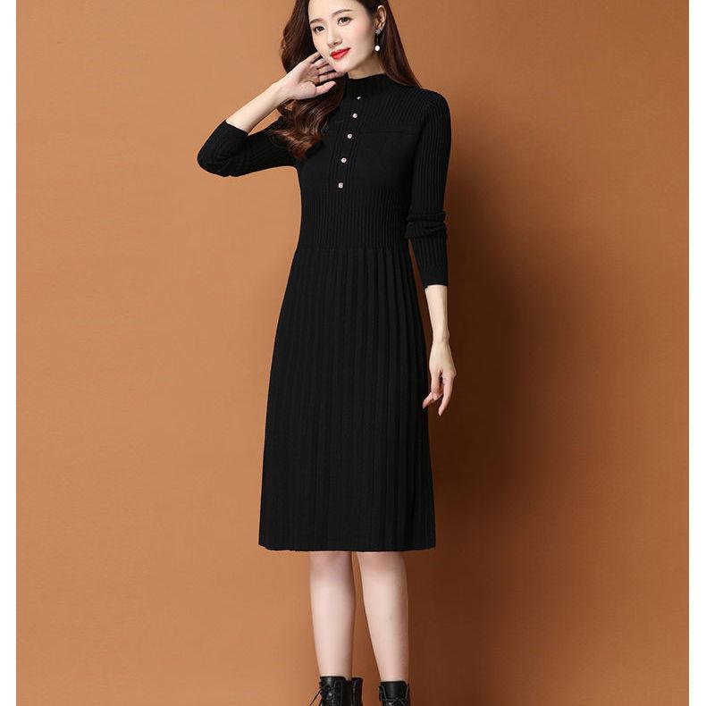 Autumn and Winter Thick Knitted Dress Mid-length Over The Knee Casual Bottoming Skirt Fashion Solid Color Women's Sweater Dress