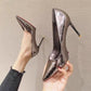 Spring Autumn Pointed Toe French Girl Silver High Heels Women Stiletto All-match Patent Leather Single Shoes