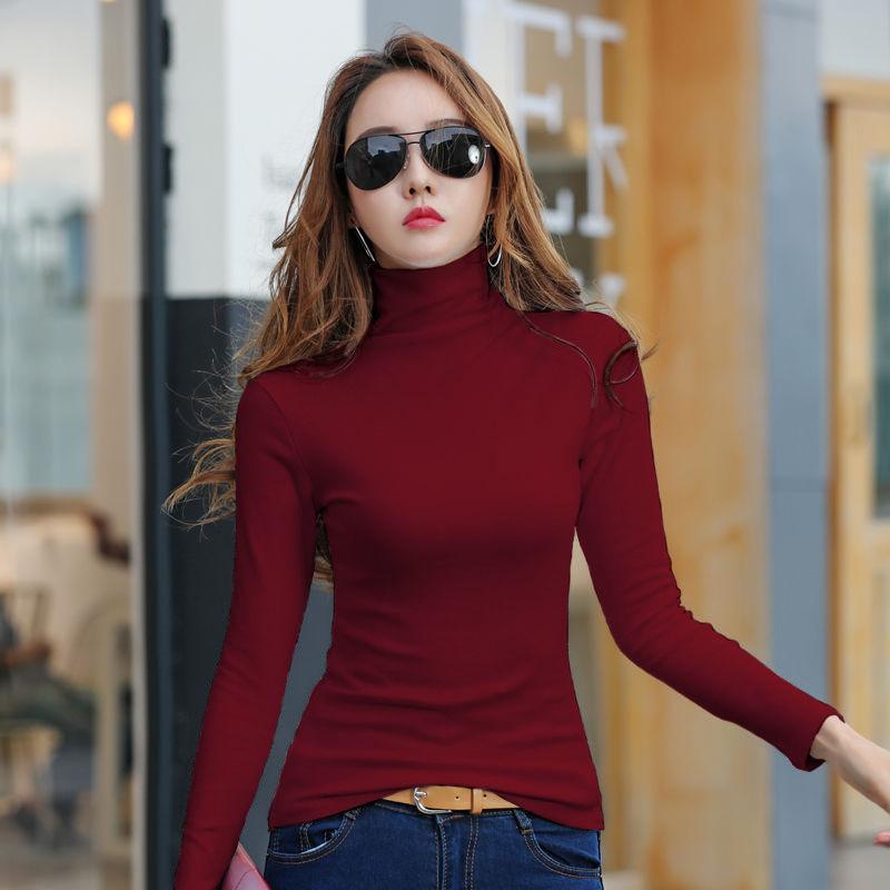 Fashion Women's Pullover Winter High Neck Women's Bottoming Shirt Long-sleeved Solid Color Slim Women's Cotton Top