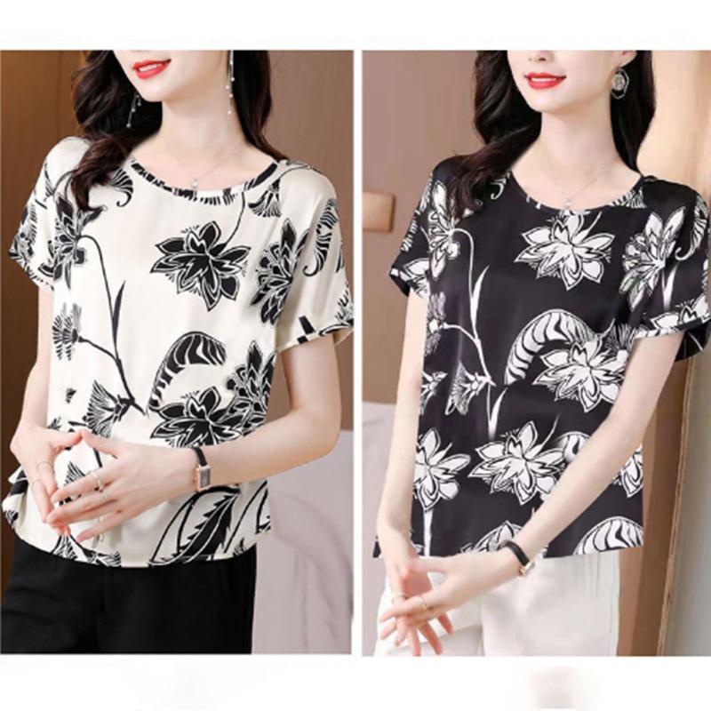 Large Size Women's Fashion Printing T-shirt Women's Summer Thin Section Fat Mother Western Style Loose Round Neck Top Bottoming Shirt