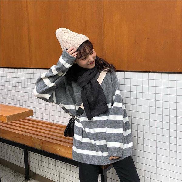 Autumn and Winter College Style Round Neck Striped Sweater Female Student Loose Mid-length Top Sweater Coat