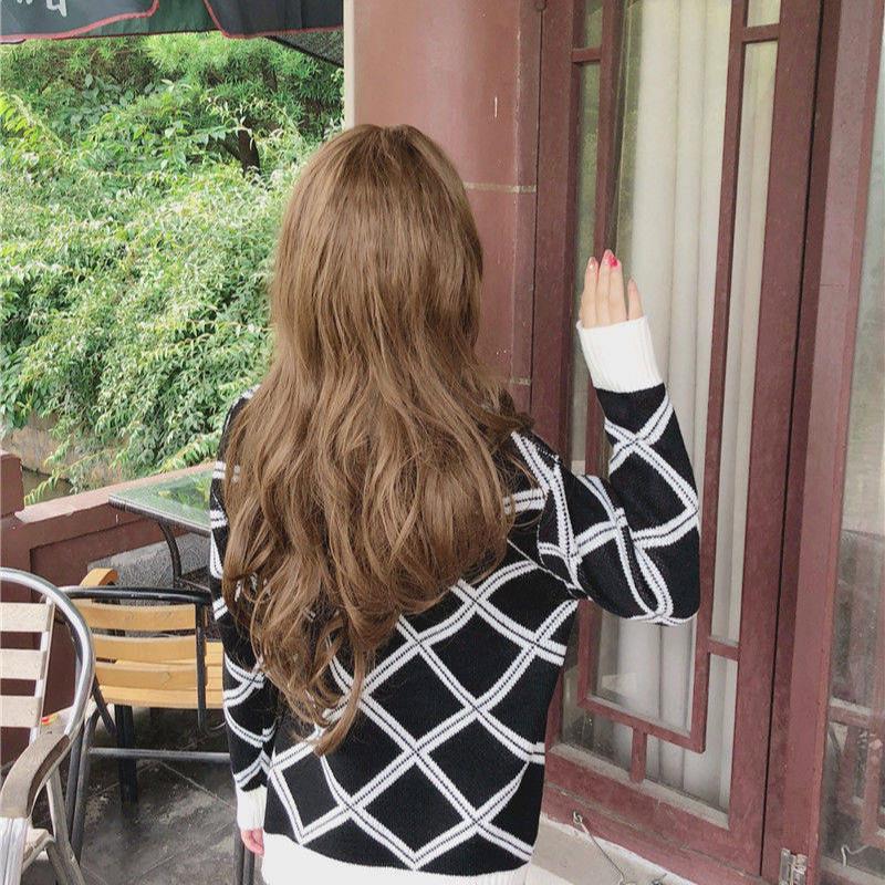 Womens Casual Turtleneck Plaid Knitted Oversize Pullover Sweater Loose Thick Jumper Tops Korean