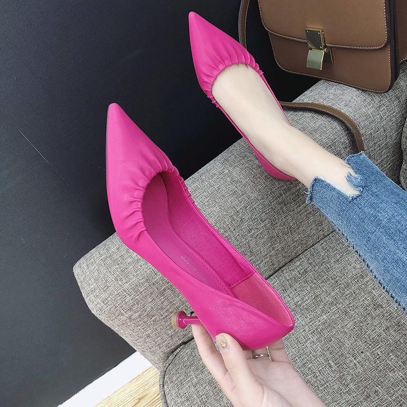 High Heels Women European Stiletto Mid-heel Pointed Toe Fashion High Heels Working Leather Shoes Women