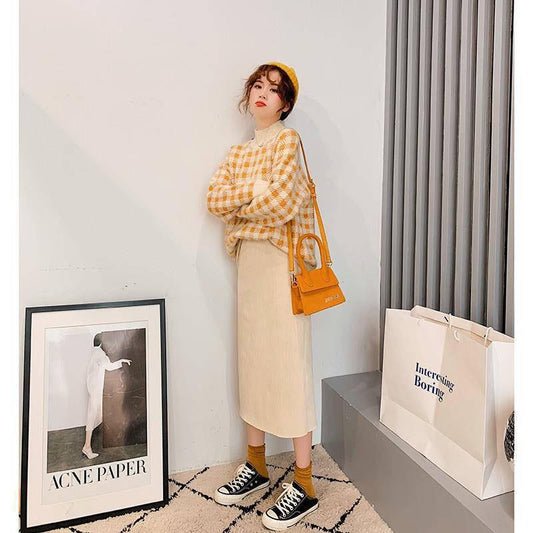 Women's Knitted Plaid Sweater O-neck Long Sleeve Alpaca Wool Blend Knitwear Pull