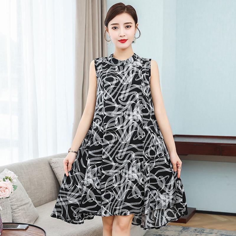 Women Cotton Silk Dress Summer Mother Sleeveless Mid-length Loose Large Home Night Skirt Beach Skirt