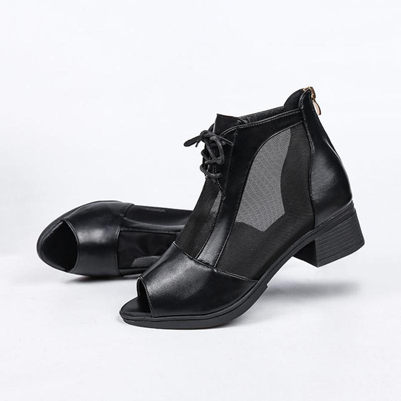 Sandals Women's Mid-heel Mesh Thick-heeled High-heeled Shoes Women's Fish Mouth Black Low-heeled Sandals