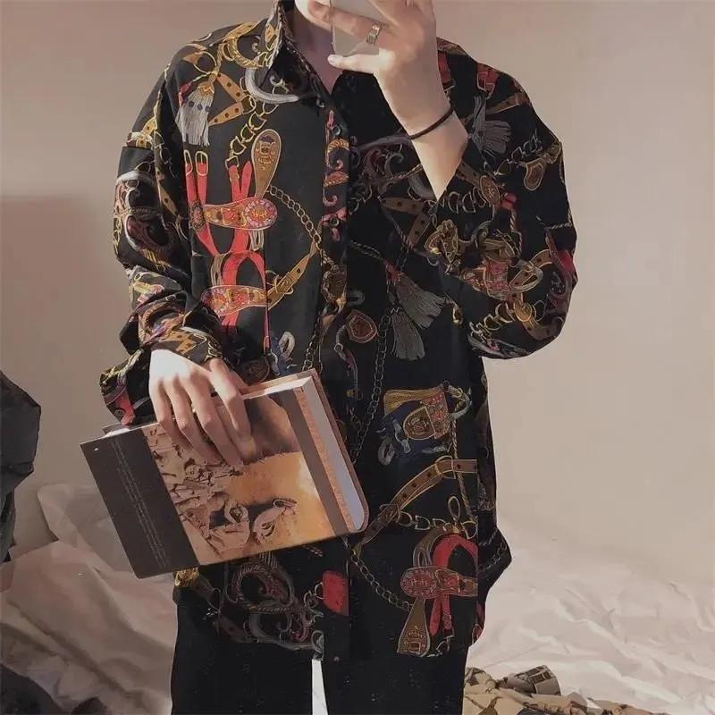 Korean Version of The Niche Designer Retro Printing Loose Paper Piece Chic Long-sleeved Shirt Men's Fashion Casual Flower Shirt