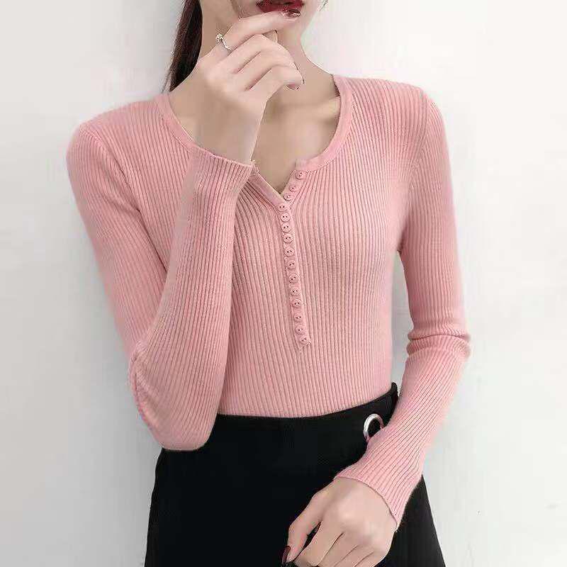 Black Sweater Bottoming Shirt Women Autumn and Winter V-neck Knitted Clavicle Top Long-sleeved Slim Slimming Top Sweater