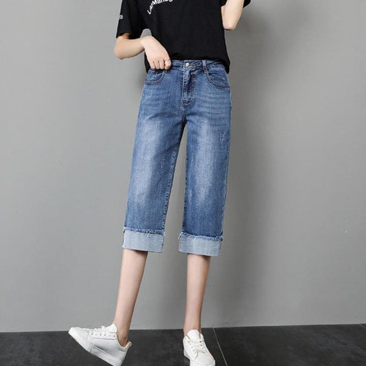 Cropped Straight Jeans Women's Loose Spring, Autumn and Summer Thin Breeches High-waisted Wide-leg Pants