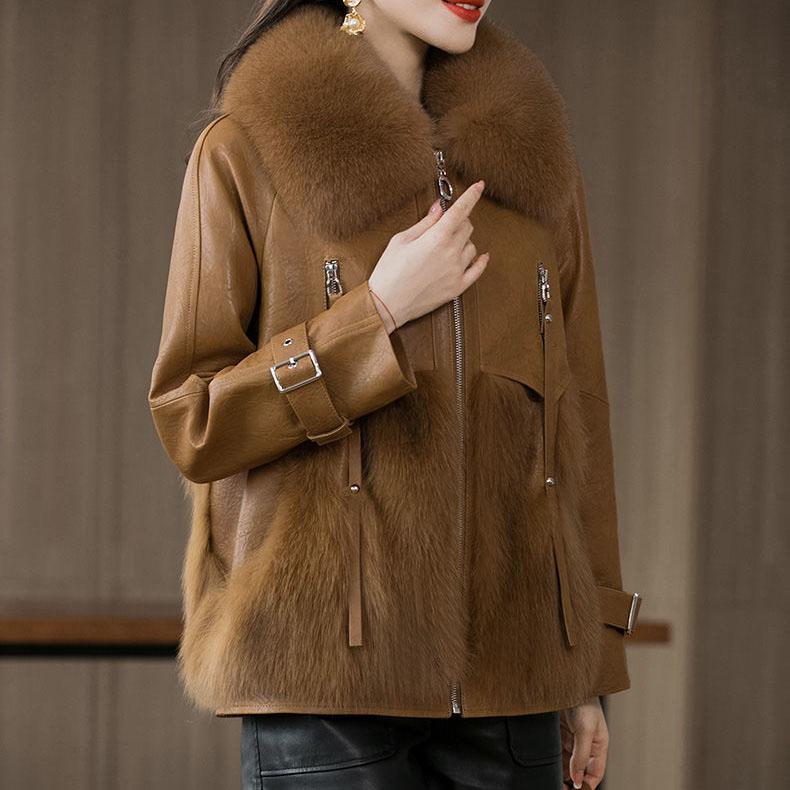 Women's Winter Large Size Fur Coat Female Solid Color Long Sleeve Fox Fur Leather Jackets
