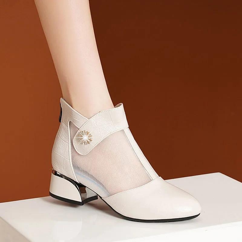 Women's Spring and Summer Thick with Hollow Breathable Mesh Toe Cap Sandals Women's Casual Shoes Work Shoes Sandals Boots Mid-heel Shoes Wedding Shoes