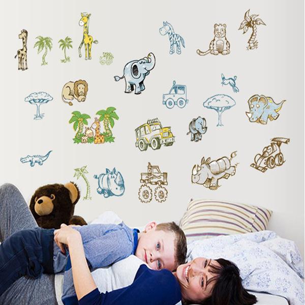 room removable wall stickers Cartoon 13 animal trucks coconut tree combination sticker
