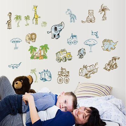 room removable wall stickers Cartoon 13 animal trucks coconut tree combination sticker