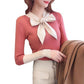 Chic Long Sleeve Knitwear Base Blouse Simple Color Pullover Bow V-Neck Jumper Women Sweater