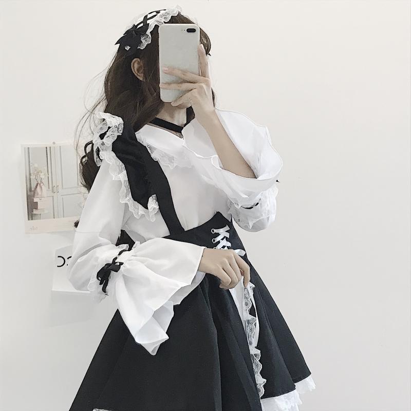 Black and White Gothic Style Maid Costume Lolita Dress Cute Japanese Costume Party Dress