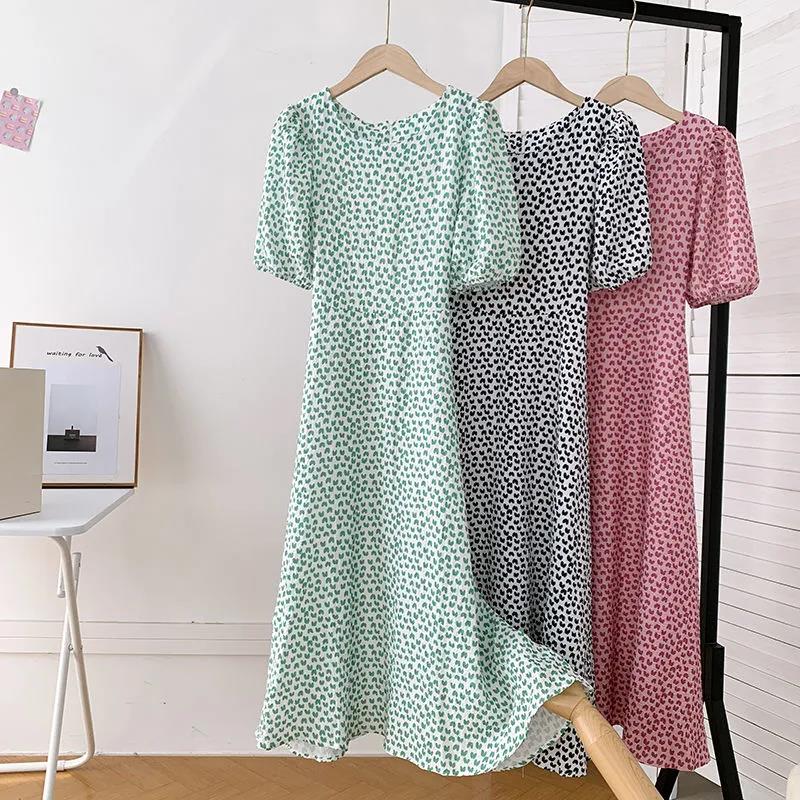 Summer O-Neck Short-sleeved Love Slimming Dress Lace-up Fairy Waist Beach Small Fresh Mid-length Dress Female