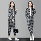 Women's 2-piece Workwear Plaid Suit Casual Harem Pants + Short Long Sleeve Jacket Loose and Comfortable Black and White Plaid