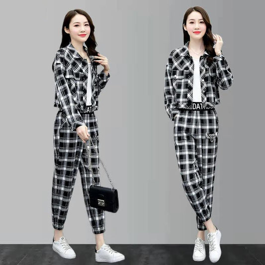 Women's 2-piece Workwear Plaid Suit Casual Harem Pants + Short Long Sleeve Jacket Loose and Comfortable Black and White Plaid