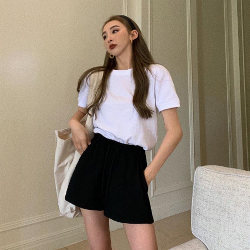 Summer Cotton Solid Color Loose All-match Casual Sports Pants Women's High Waist Wide Leg Shorts Trend