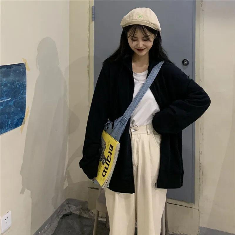 Spring and Autumn Hooded Sweater Women's Loose Solid Color Top Ins Student Long-sleeved Cardigan Thin Coat