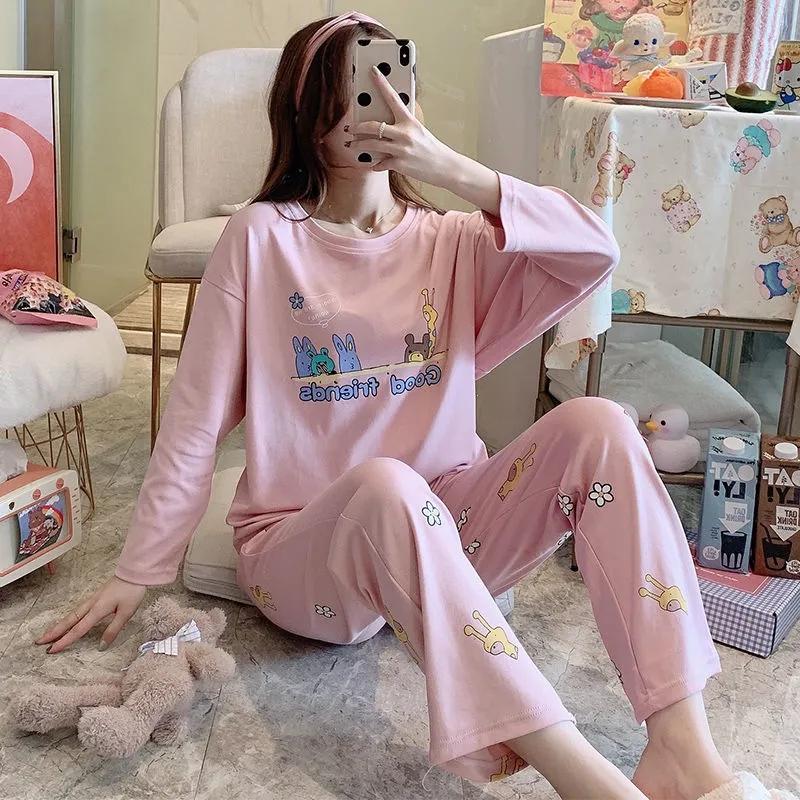 Ladies Pajamas Set Spring Autumn Cotton Long-sleeved Suit Cartoon Printing Pink Top Pants Two-piece Set Outdoor House Wear