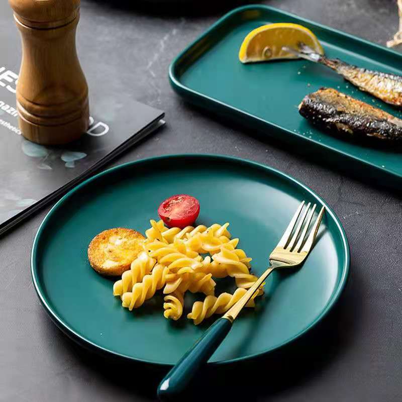 Nordic Ins Wind Color Glaze Tableware Household Steak Plate Dish Net Red Ceramic Simple Creative Western Food Disc Knife and Fork