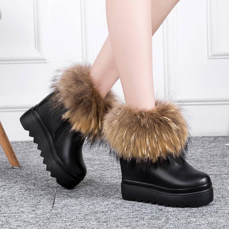 Women's Snow Boots Leather Fox Fur Wedges Non-slip Soft Bottom Boots High Heel Women's Shoes