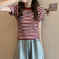Thin Striped Ice Silk T-Shirt Women Summer Slim Short Knitted High Waist Top Short Sleeve