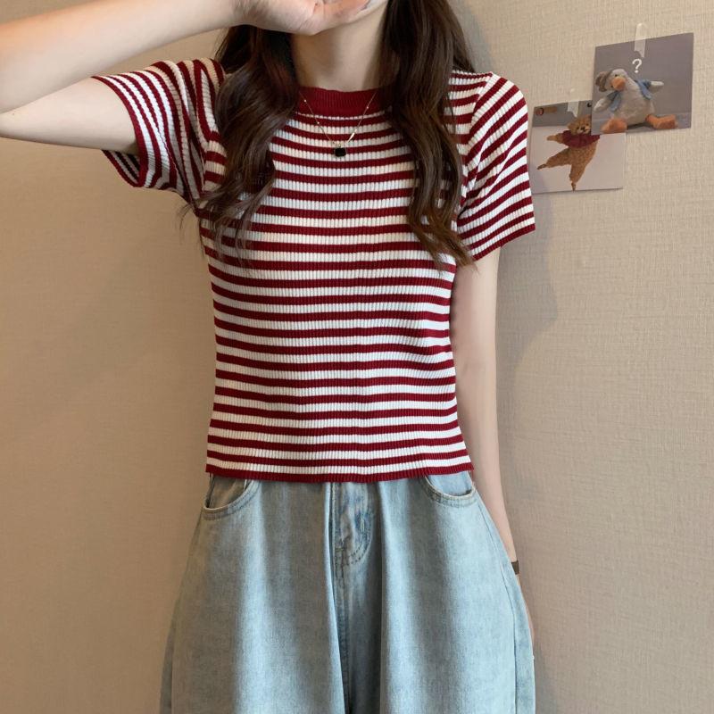 Thin Striped Ice Silk T-Shirt Women Summer Slim Short Knitted High Waist Top Short Sleeve