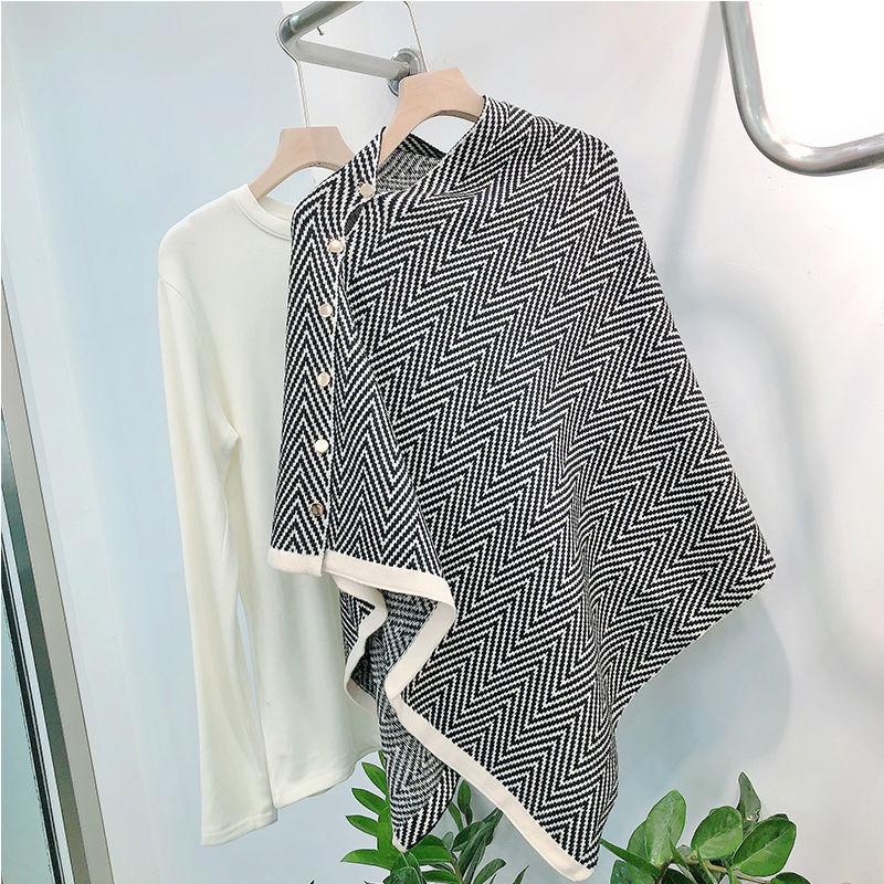 Ladies Shawl Cloak Scarf Autumn Winter Dual-use Irregular Striped Printting Scarf Shawl Korean Style All Match Buttons Keep Warm