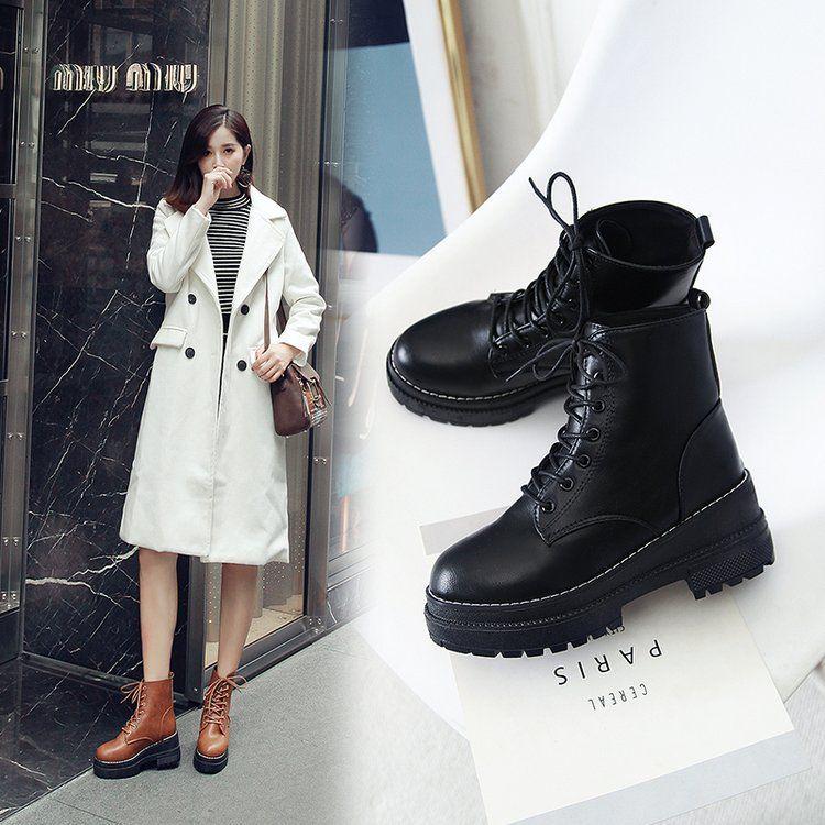Chunky Motorcycle Boots for Women Autumn Fashion Round Toe Lace-up Combat Boots Ladies Shoes