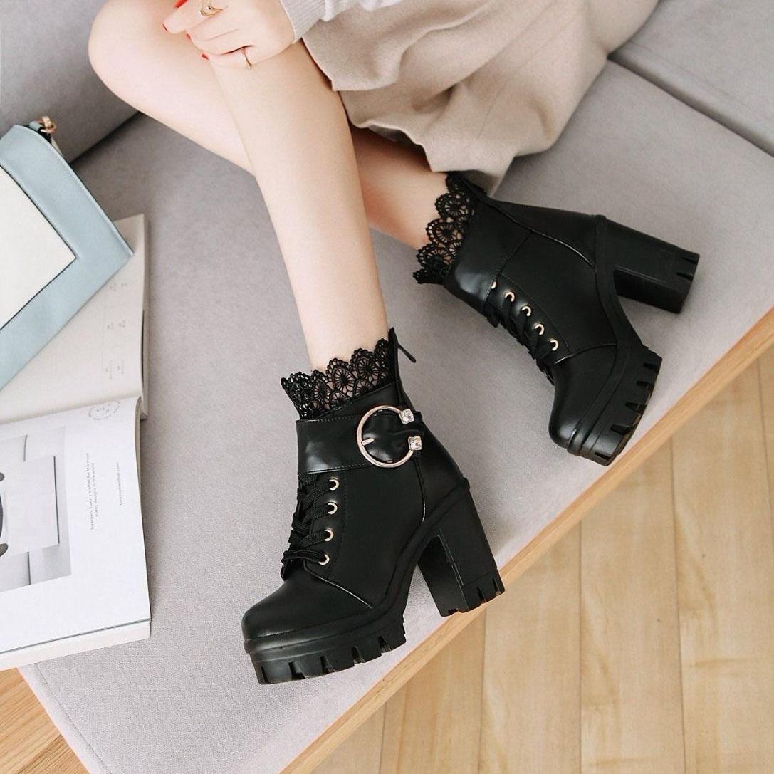 Women's Autumn and Winter Back Zipper High-heeled Martin Boots Large Size Solid Color Lace Thick Heel Waterproof Ankle Boots