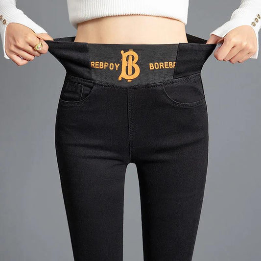 High-waisted Abdomen Stretch Jeans Plus Velvet Thickening Women's Elastic Waist Slim-fit and Warm Feet Pencil Long Pants
