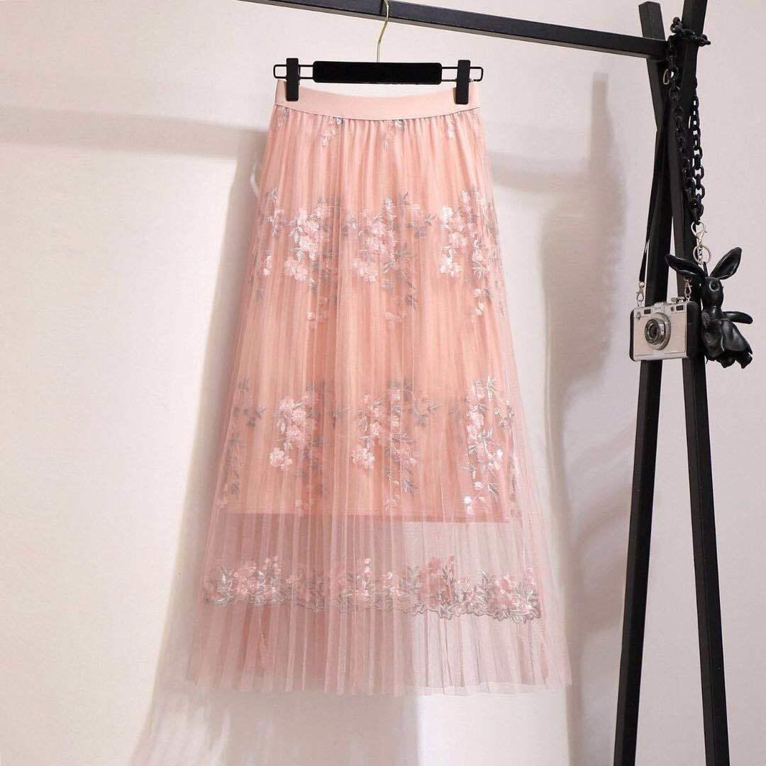 Long Lace Skirt Pink/gray/apricot Midi Ladies Skirt Women High Waist Korean Skirt Elastic Waist Long Skirt Clothes
