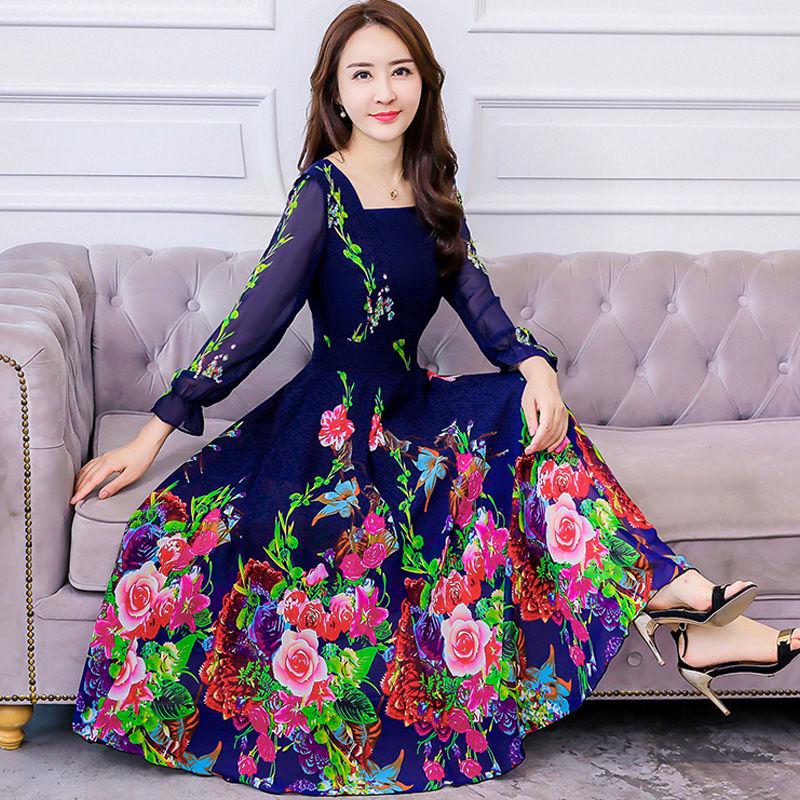 Big swing skirt long skirt spring and autumn plus size floral dress chiffon long sleeve dress