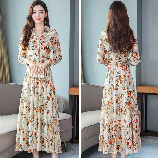 Big swing skirt long skirt spring and autumn women's floral chiffon long-sleeved dress long section