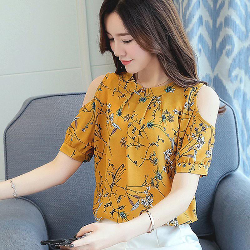 Summer Style Floral Shirt For Womens Elegant Open Shoulder Blouses Chiffon Print Blusas Women Ete Plus Size Female Tops