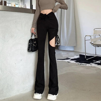 Spring and Autumn Casual Pants Female High Waist Slim Slime Hollow Flavpet Design