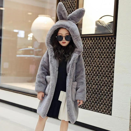 Winter Girls Warm and Windproof Jacket Thickened Faux Fur Mid-length Coat