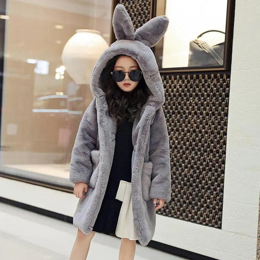 Winter Girls Warm and Windproof Jacket Thickened Faux Fur Mid-length Coat