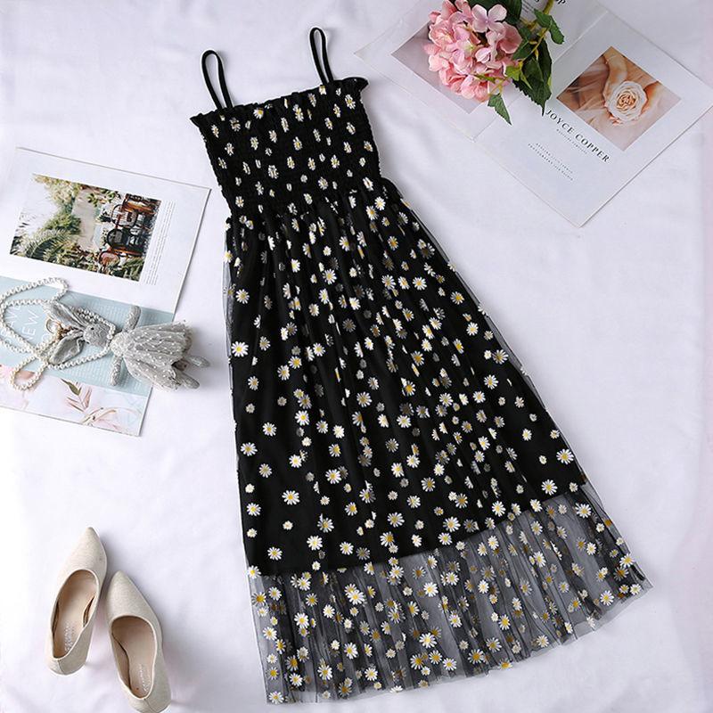 Mesh High Waist Small Daisy Suspender Skirt Small Fresh Dress Literary Retro Sweet First Love Dress Sleeveless Fairy Dress