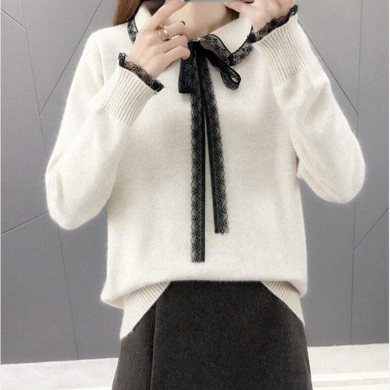 Women Sweaters Pullovers  Autumn Winter Lace Turn-down Collar Knit Sweater Fmeale Jumper Women Knitwear
