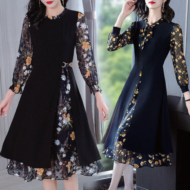 Large Size Women's Chiffon Stitching Fake Two-piece Dress Loose Casual Elegant Long Skirt Black Floral