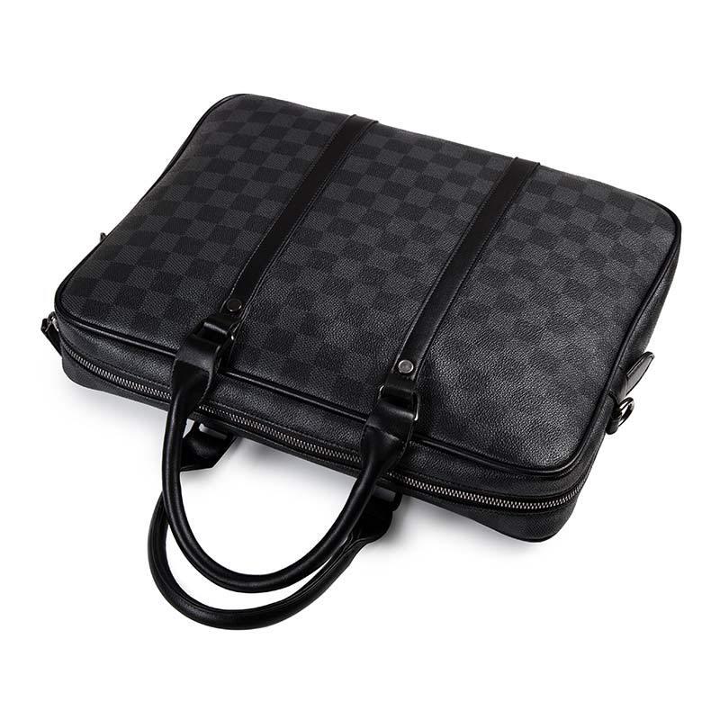 Business Briefcase Men Black Plaid PU Leather Zipper Waterproof Handbag Shoulder Bag Crossbody Bags