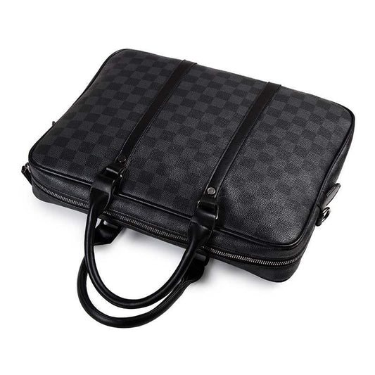 Business Briefcase Men Black Plaid PU Leather Zipper Waterproof Handbag Shoulder Bag Crossbody Bags