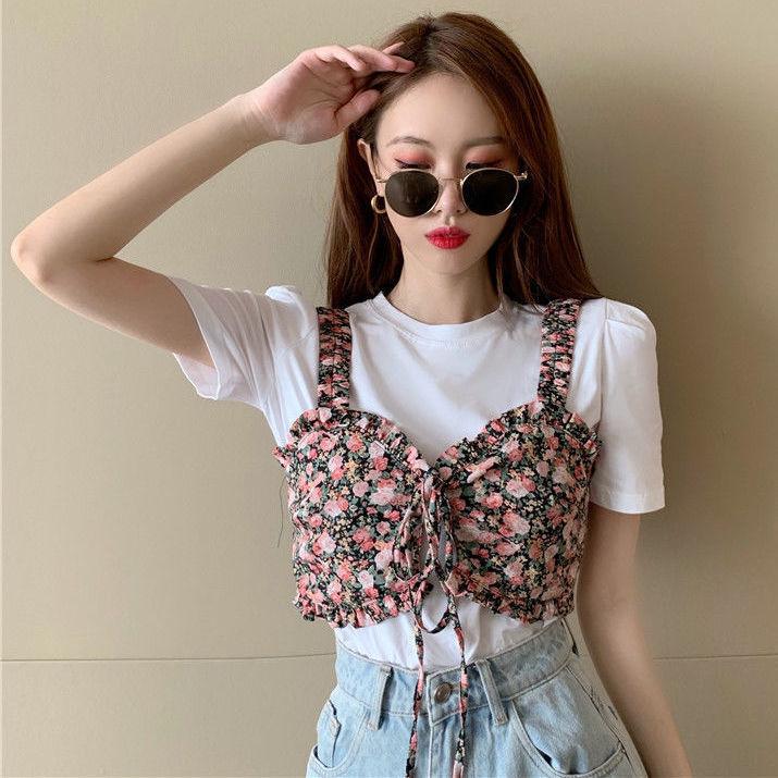 Summer Korean Version  The White Simple Short-sleeved T-shirt Plus Sweet Floral Sling Two-piece Jacket Women