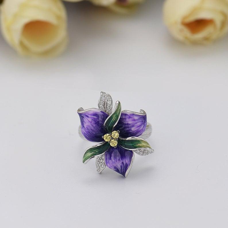 Haute Bijouterie Vintage Floral Iris Enamel Cloisonne Ring Chic Fleur-de-lis Blue Flower Ring for Women Gift Jewelry