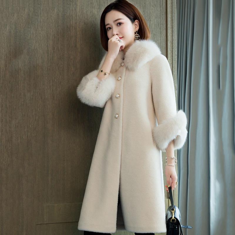 Autumn and Winter New Faux Sheep Shearling Coat Women Mid-length Faux Fox Fur Collar Loose Grain Fleece Faux Fur Coat