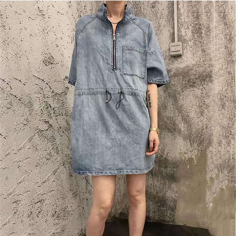 Sexy Women's Denim Dress Short Sleeve Stand-up collar Above The Knee Zipper Daily Wear Office Dating Party