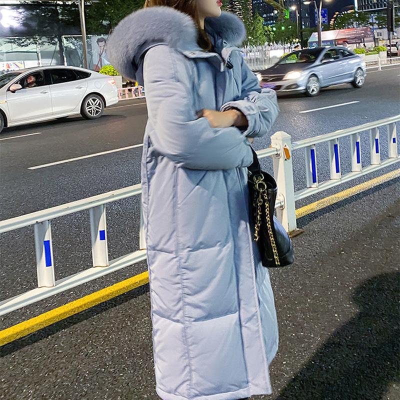 Hooded Down Jacket Women Long Thick White Duck Down Jacket with Real Fox Fur Collar Warm Winter Coat